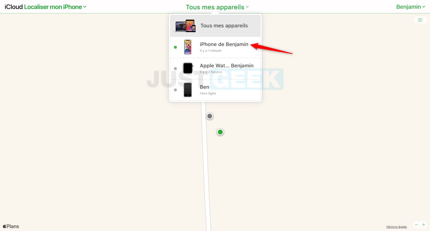 Find my iPhone: select the device from the list
