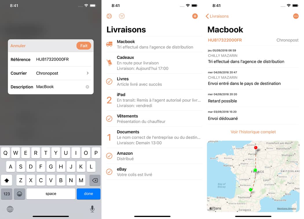 Parcel: interface of the iOS application (iPhone and iPad)