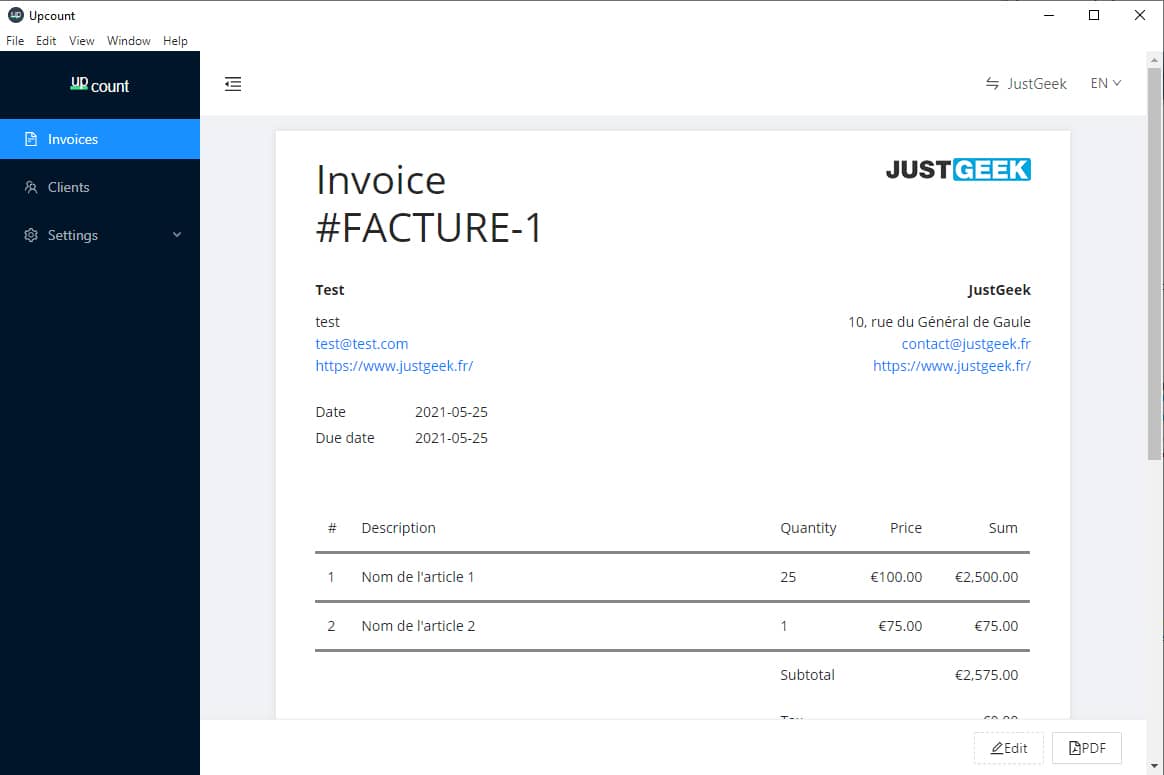 Example of an invoice with Upcount