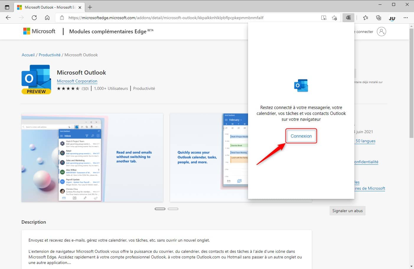 Connection to the Microsoft Outlook extension 