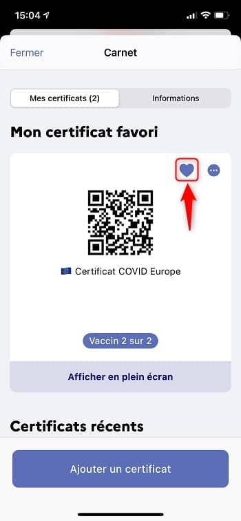Add the QR code of the health pass as a favorite in the TousAntiCovid application