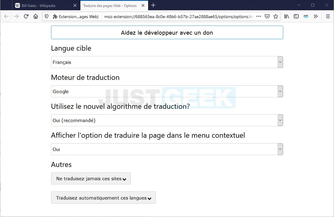 Translate web pages extension options